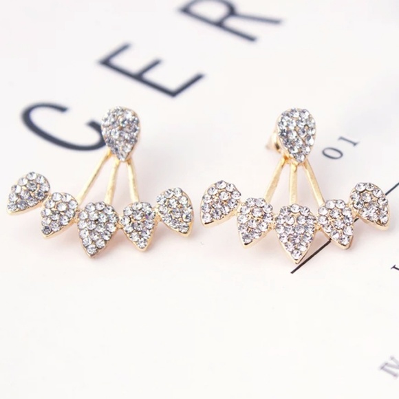 ear climbers flower teardrop Studs earrings Jewelry - Front Back Trendy Teardrop Flower Gold Color Spark